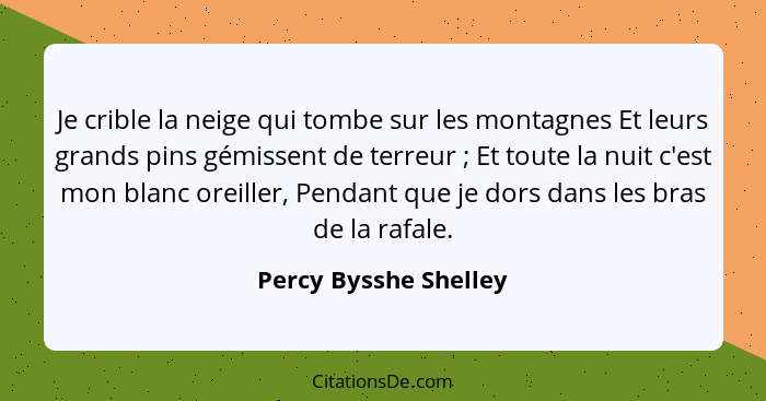 Je crible la neige qui tombe sur les montagnes Et leurs grands pins gémissent de terreur ; Et toute la nuit c'est mon blan... - Percy Bysshe Shelley