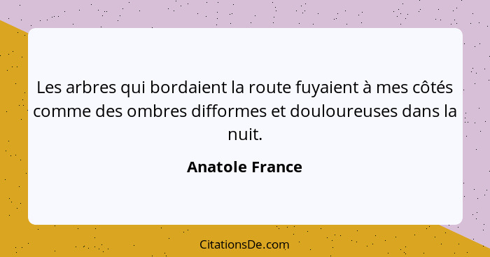 Les arbres qui bordaient la route fuyaient à mes côtés comme des ombres difformes et douloureuses dans la nuit.... - Anatole France