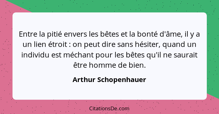 Entre la pitié envers les bêtes et la bonté d'âme, il y a un lien étroit : on peut dire sans hésiter, quand un individu est... - Arthur Schopenhauer