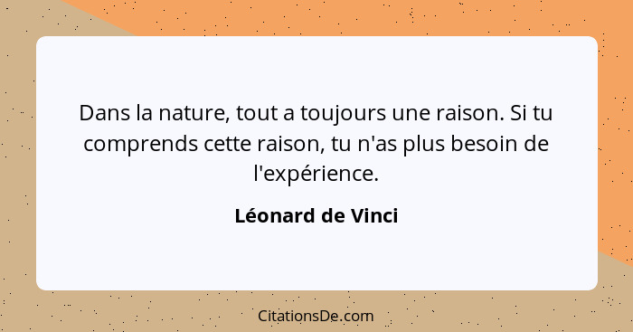 Dans la nature, tout a toujours une raison. Si tu comprends cette raison, tu n'as plus besoin de l'expérience.... - Léonard de Vinci