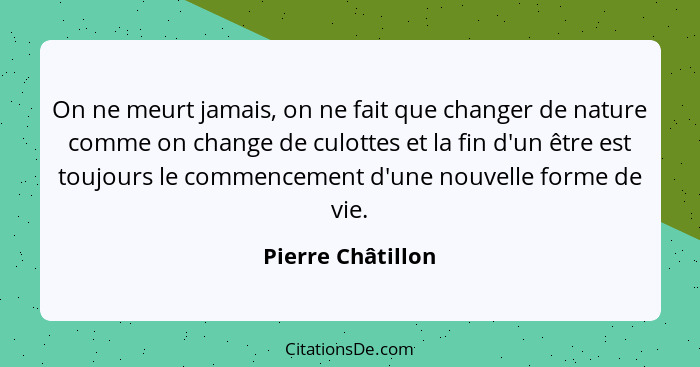 On ne meurt jamais, on ne fait que changer de nature comme on change de culottes et la fin d'un être est toujours le commencement d... - Pierre Châtillon