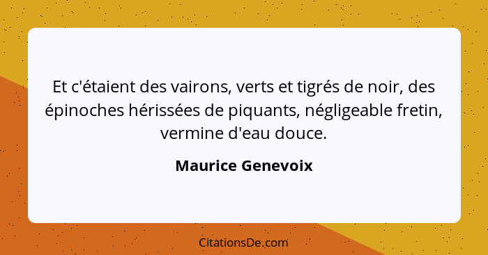 Et c'étaient des vairons, verts et tigrés de noir, des épinoches hérissées de piquants, négligeable fretin, vermine d'eau douce.... - Maurice Genevoix