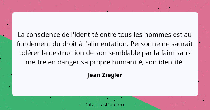 La conscience de l'identité entre tous les hommes est au fondement du droit à l'alimentation. Personne ne saurait tolérer la destructio... - Jean Ziegler