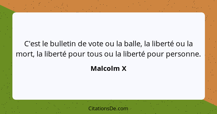 C'est le bulletin de vote ou la balle, la liberté ou la mort, la liberté pour tous ou la liberté pour personne.... - Malcolm X