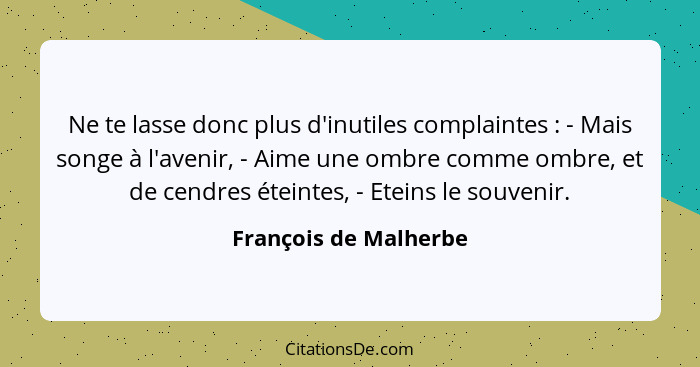 Ne te lasse donc plus d'inutiles complaintes : - Mais songe à l'avenir, - Aime une ombre comme ombre, et de cendres éteint... - François de Malherbe