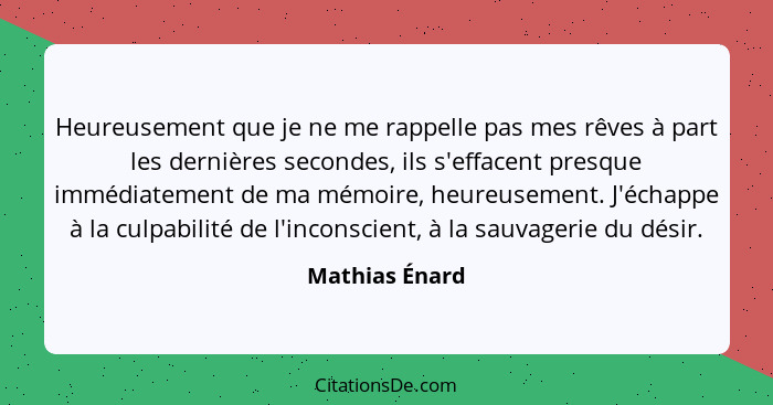 Heureusement que je ne me rappelle pas mes rêves à part les dernières secondes, ils s'effacent presque immédiatement de ma mémoire, he... - Mathias Énard