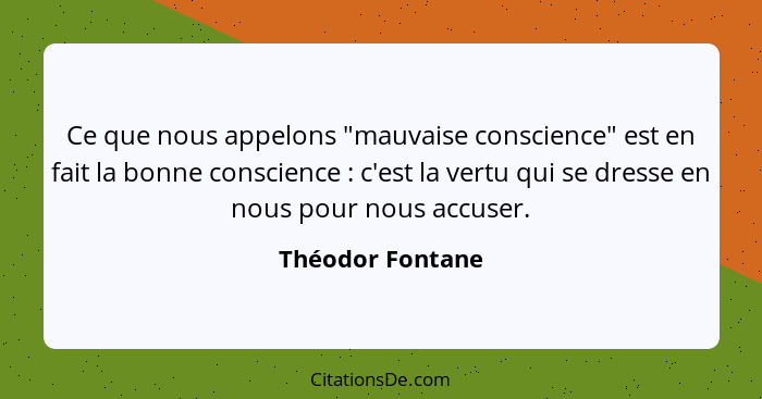 Ce que nous appelons "mauvaise conscience" est en fait la bonne conscience : c'est la vertu qui se dresse en nous pour nous acc... - Théodor Fontane