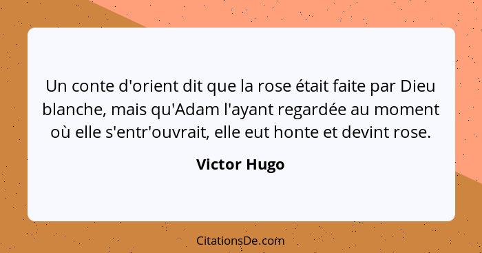 Un conte d'orient dit que la rose était faite par Dieu blanche, mais qu'Adam l'ayant regardée au moment où elle s'entr'ouvrait, elle eut... - Victor Hugo