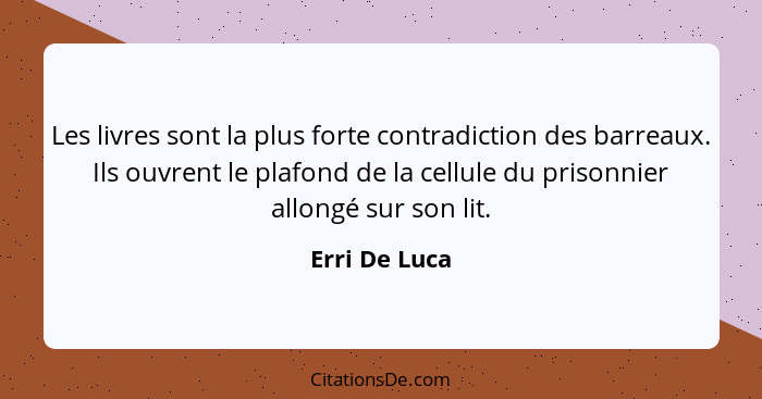 Les livres sont la plus forte contradiction des barreaux. Ils ouvrent le plafond de la cellule du prisonnier allongé sur son lit.... - Erri De Luca