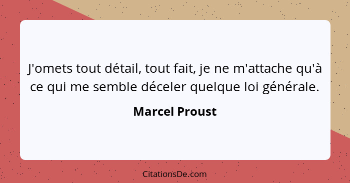J'omets tout détail, tout fait, je ne m'attache qu'à ce qui me semble déceler quelque loi générale.... - Marcel Proust