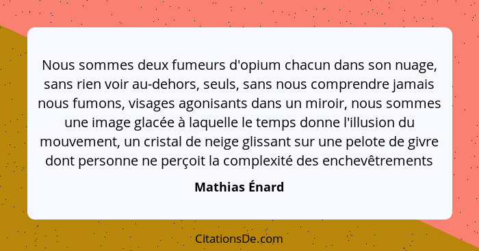 Nous sommes deux fumeurs d'opium chacun dans son nuage, sans rien voir au-dehors, seuls, sans nous comprendre jamais nous fumons, visa... - Mathias Énard