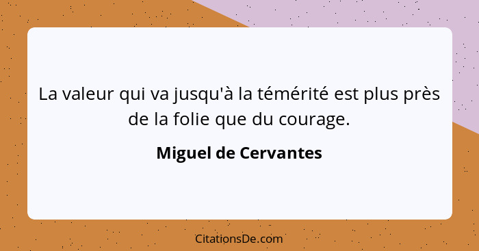 La valeur qui va jusqu'à la témérité est plus près de la folie que du courage.... - Miguel de Cervantes