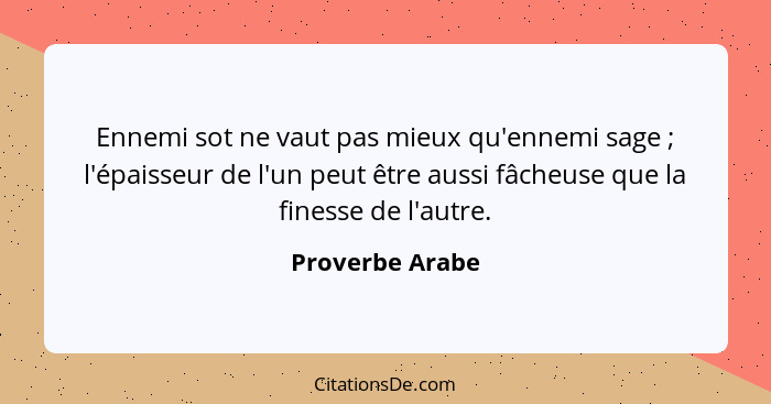 Ennemi sot ne vaut pas mieux qu'ennemi sage ; l'épaisseur de l'un peut être aussi fâcheuse que la finesse de l'autre.... - Proverbe Arabe