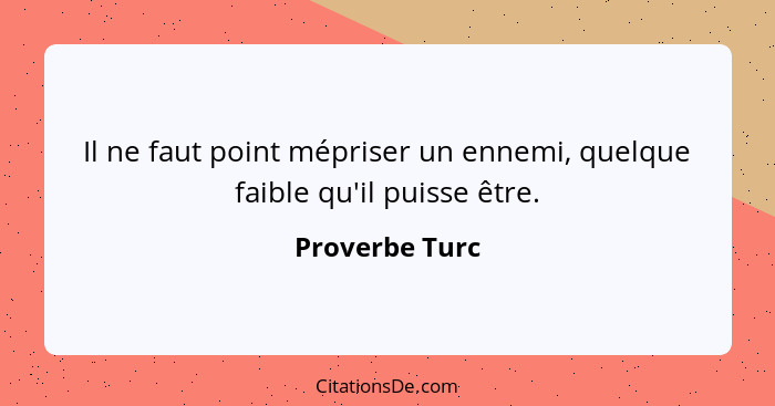 Il ne faut point mépriser un ennemi, quelque faible qu'il puisse être.... - Proverbe Turc