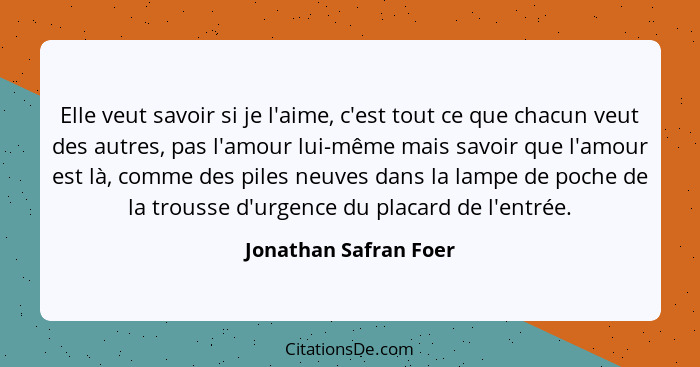 Elle veut savoir si je l'aime, c'est tout ce que chacun veut des autres, pas l'amour lui-même mais savoir que l'amour est là, c... - Jonathan Safran Foer