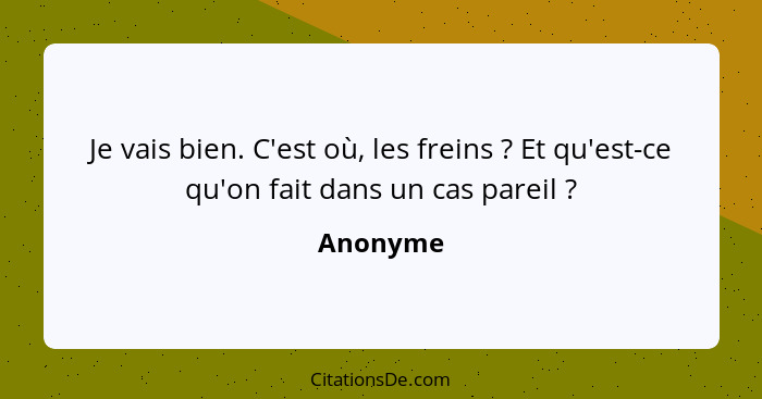 Je vais bien. C'est où, les freins ? Et qu'est-ce qu'on fait dans un cas pareil ?... - Anonyme