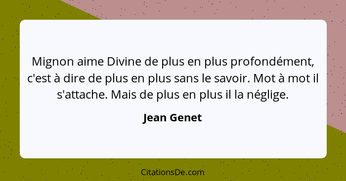 Mignon aime Divine de plus en plus profondément, c'est à dire de plus en plus sans le savoir. Mot à mot il s'attache. Mais de plus en plu... - Jean Genet