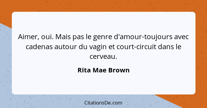 Aimer, oui. Mais pas le genre d'amour-toujours avec cadenas autour du vagin et court-circuit dans le cerveau.... - Rita Mae Brown