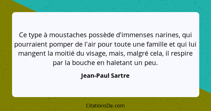 Ce type à moustaches possède d'immenses narines, qui pourraient pomper de l'air pour toute une famille et qui lui mangent la moitié... - Jean-Paul Sartre