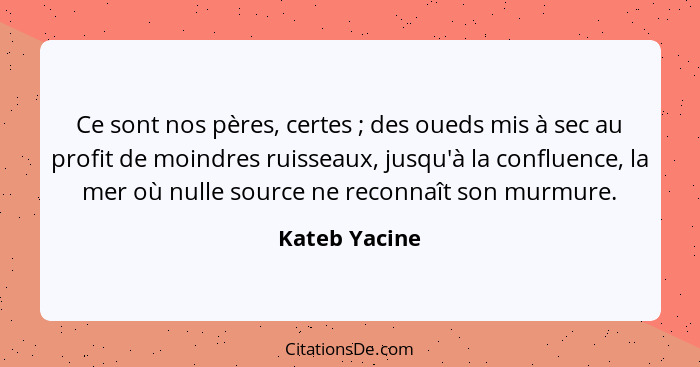 Ce sont nos pères, certes ; des oueds mis à sec au profit de moindres ruisseaux, jusqu'à la confluence, la mer où nulle source ne... - Kateb Yacine