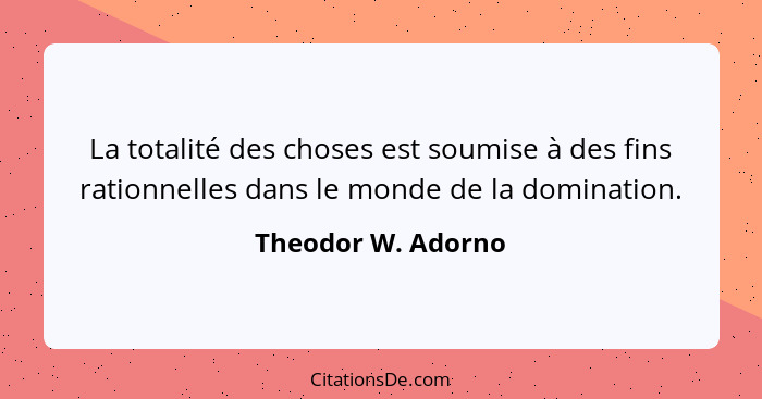 La totalité des choses est soumise à des fins rationnelles dans le monde de la domination.... - Theodor W. Adorno