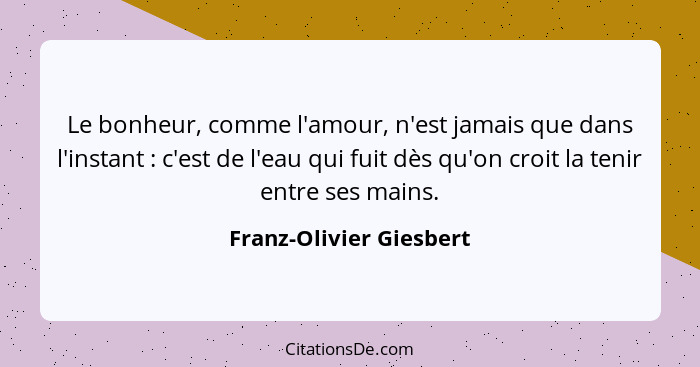 Le bonheur, comme l'amour, n'est jamais que dans l'instant : c'est de l'eau qui fuit dès qu'on croit la tenir entre ses... - Franz-Olivier Giesbert