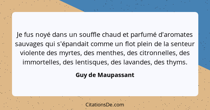 Je fus noyé dans un souffle chaud et parfumé d'aromates sauvages qui s'épandait comme un flot plein de la senteur violente des myr... - Guy de Maupassant