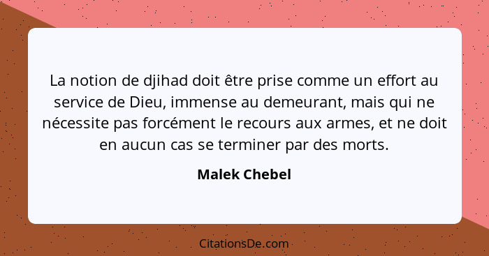 La notion de djihad doit être prise comme un effort au service de Dieu, immense au demeurant, mais qui ne nécessite pas forcément le re... - Malek Chebel