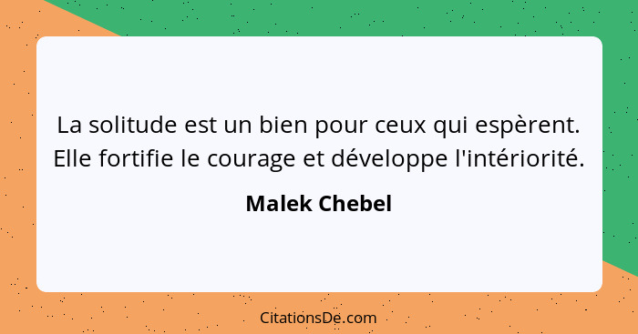 La solitude est un bien pour ceux qui espèrent. Elle fortifie le courage et développe l'intériorité.... - Malek Chebel