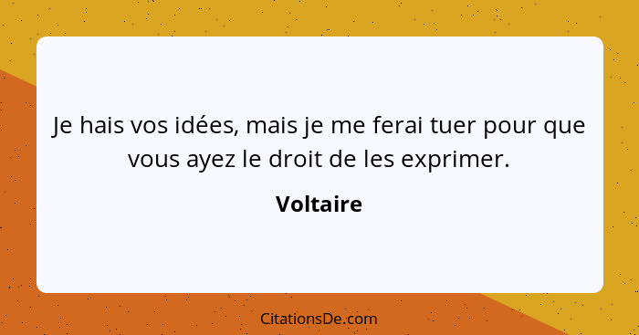 Je hais vos idées, mais je me ferai tuer pour que vous ayez le droit de les exprimer.... - Voltaire