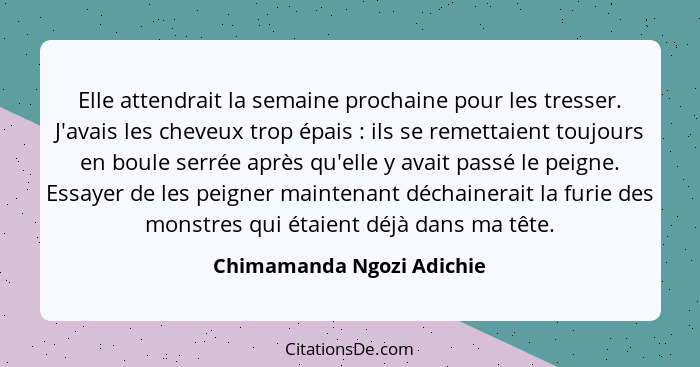 Elle attendrait la semaine prochaine pour les tresser. J'avais les cheveux trop épais : ils se remettaient toujours en... - Chimamanda Ngozi Adichie