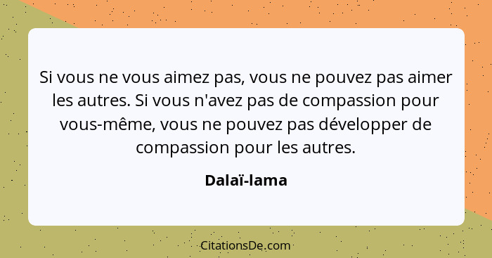 Si vous ne vous aimez pas, vous ne pouvez pas aimer les autres. Si vous n'avez pas de compassion pour vous-même, vous ne pouvez pas dével... - Dalaï-lama