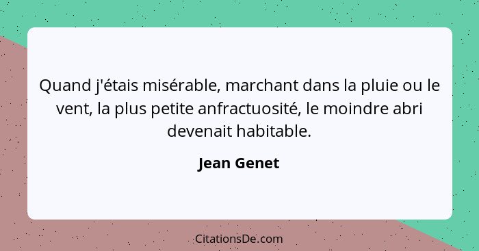 Quand j'étais misérable, marchant dans la pluie ou le vent, la plus petite anfractuosité, le moindre abri devenait habitable.... - Jean Genet