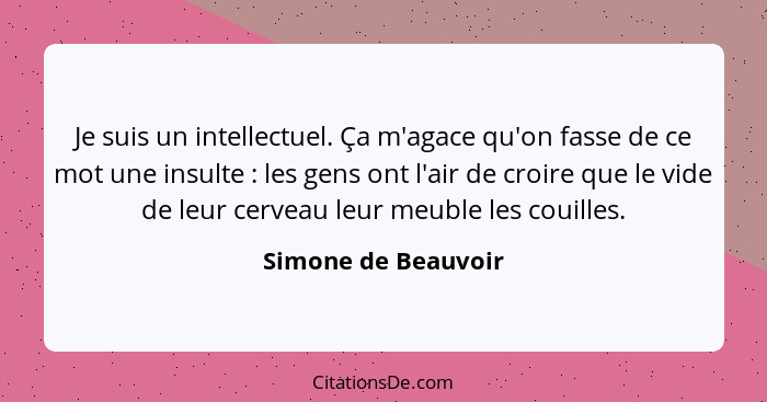 Je suis un intellectuel. Ça m'agace qu'on fasse de ce mot une insulte : les gens ont l'air de croire que le vide de leur cer... - Simone de Beauvoir