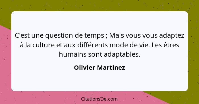 C'est une question de temps ; Mais vous vous adaptez à la culture et aux différents mode de vie. Les êtres humains sont adapta... - Olivier Martinez