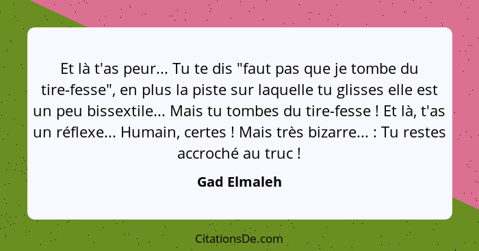 Et là t'as peur... Tu te dis "faut pas que je tombe du tire-fesse", en plus la piste sur laquelle tu glisses elle est un peu bissextile.... - Gad Elmaleh