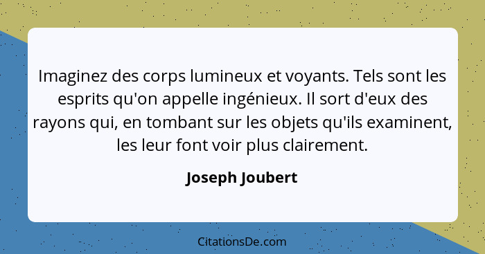 Imaginez des corps lumineux et voyants. Tels sont les esprits qu'on appelle ingénieux. Il sort d'eux des rayons qui, en tombant sur l... - Joseph Joubert