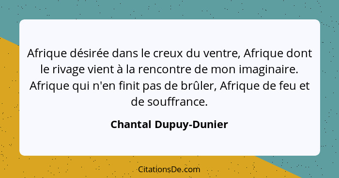 Afrique désirée dans le creux du ventre, Afrique dont le rivage vient à la rencontre de mon imaginaire. Afrique qui n'en finit... - Chantal Dupuy-Dunier