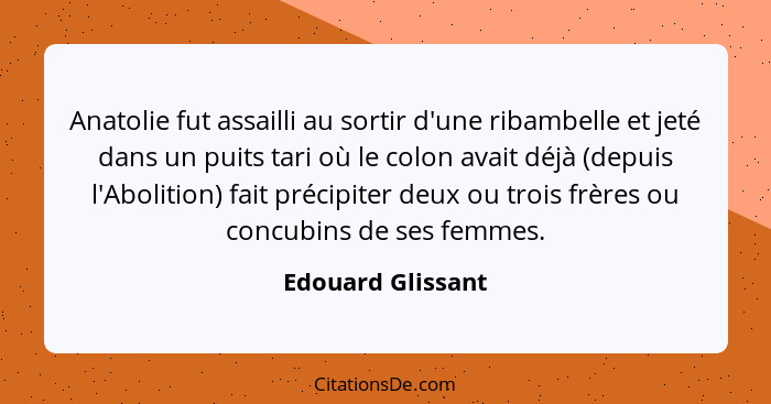 Anatolie fut assailli au sortir d'une ribambelle et jeté dans un puits tari où le colon avait déjà (depuis l'Abolition) fait précip... - Edouard Glissant