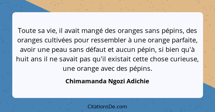 Toute sa vie, il avait mangé des oranges sans pépins, des oranges cultivées pour ressembler à une orange parfaite, avoir un... - Chimamanda Ngozi Adichie