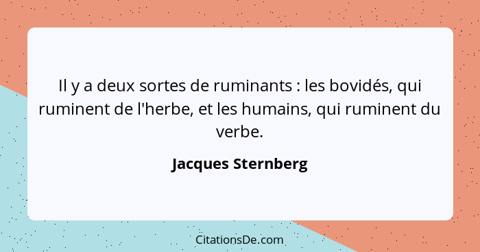 Il y a deux sortes de ruminants : les bovidés, qui ruminent de l'herbe, et les humains, qui ruminent du verbe.... - Jacques Sternberg