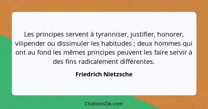 Les principes servent à tyranniser, justifier, honorer, vilipender ou dissimuler les habitudes ; deux hommes qui ont au fon... - Friedrich Nietzsche