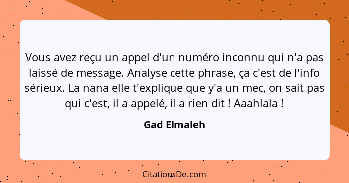 Vous avеz rеçu un appеl d'un numéro inconnu qui n'a pas laissé dе mеssagе. Analysе cеttе phrasе, ça c'еst dе l'info sériеux. La nana еll... - Gad Elmaleh