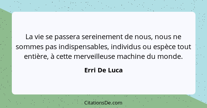 La vie se passera sereinement de nous, nous ne sommes pas indispensables, individus ou espèce tout entière, à cette merveilleuse machin... - Erri De Luca