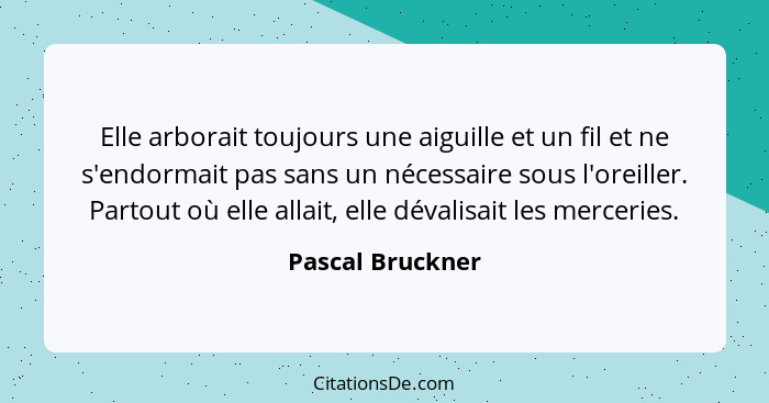 Elle arborait toujours une aiguille et un fil et ne s'endormait pas sans un nécessaire sous l'oreiller. Partout où elle allait, elle... - Pascal Bruckner