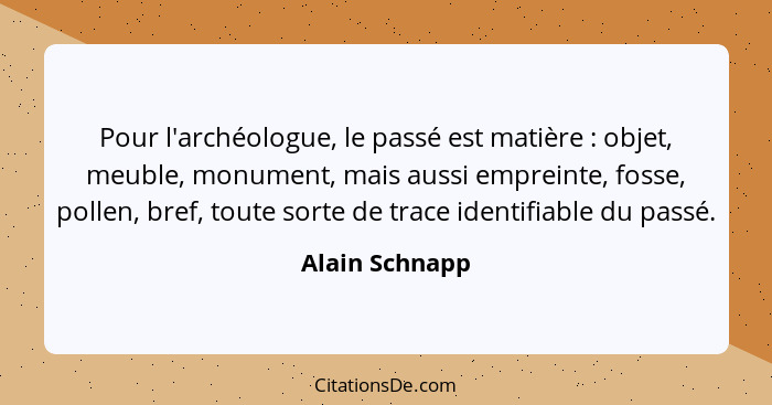 Pour l'archéologue, le passé est matière : objet, meuble, monument, mais aussi empreinte, fosse, pollen, bref, toute sorte de tra... - Alain Schnapp