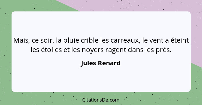 Mais, ce soir, la pluie crible les carreaux, le vent a éteint les étoiles et les noyers ragent dans les prés.... - Jules Renard