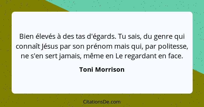 Bien élevés à des tas d'égards. Tu sais, du genre qui connaît Jésus par son prénom mais qui, par politesse, ne s'en sert jamais, même... - Toni Morrison