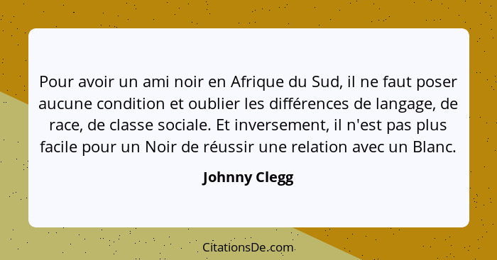 Pour avoir un ami noir en Afrique du Sud, il ne faut poser aucune condition et oublier les différences de langage, de race, de classe s... - Johnny Clegg