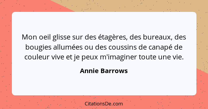 Mon oeil glisse sur des étagères, des bureaux, des bougies allumées ou des coussins de canapé de couleur vive et je peux m'imaginer to... - Annie Barrows